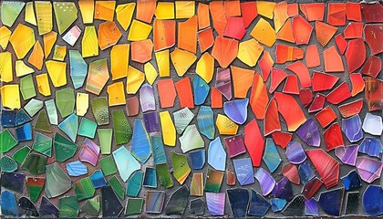 Stunning mosaic artwork featuring fragmented glass shards reflecting vibrant rainbow hues of light