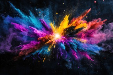 Colorful powder explosion creating vibrant paint on black background