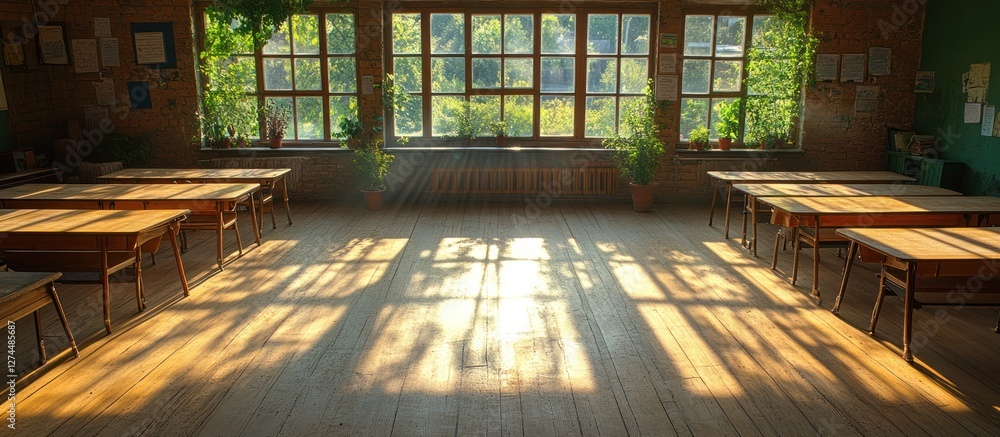 Poster sunlit empty classroom with wooden desks and large windows.