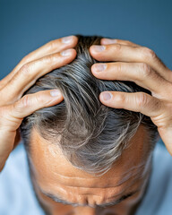 Naklejka premium Man's hands holding his head, experiencing hair loss, studio shot. Possible use for Hair care, health issues