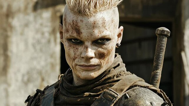 Fierce warrior with a mohawk hairstyle stands confidently in a gritty environment during a post-apocalyptic setting
