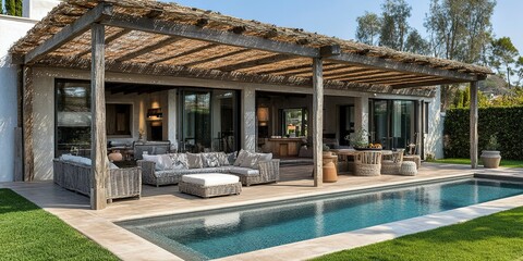 Obraz premium Elegant outdoor lounge area and pool at a modern villa surrounded by lush greenery during daylight