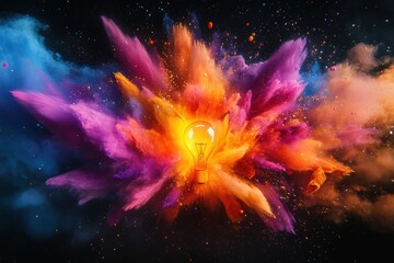 Vibrant explosion of colors surrounding a light bulb