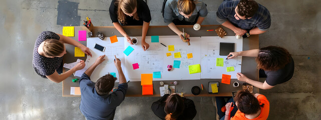 Top view of a diverse team of members gathered around a table, with a flowchart and sticky notes displayed
