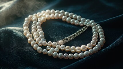 An elegant pearl necklace lying on a black velvet surface, with delicate lighting capturing the luster of each pearl