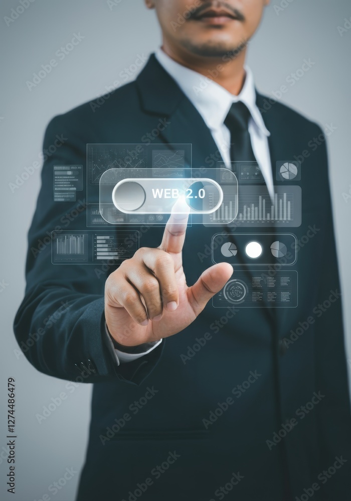 Poster businessman interacting with a digital interface showcasing web 2.0 features