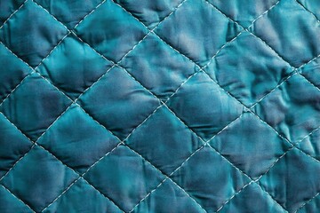 Fototapeta premium Quilted velours fabric background. Turquoise texture blanket or puffer jacket, stiched with diamond pattern, soft wrinkled surface, crupmed textile