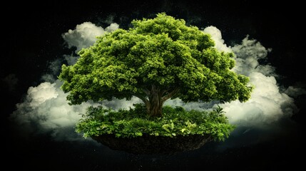 Obraz premium A lush green tree thrives on a floating island amidst the night sky