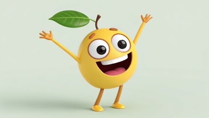 Obraz premium 3D Render of a Happy Yellow Fruit Character with Arms Raised, Green Leaf, Minimalist Background,Joyful, Cute Fruit Emoji 3D rendering,fruit character