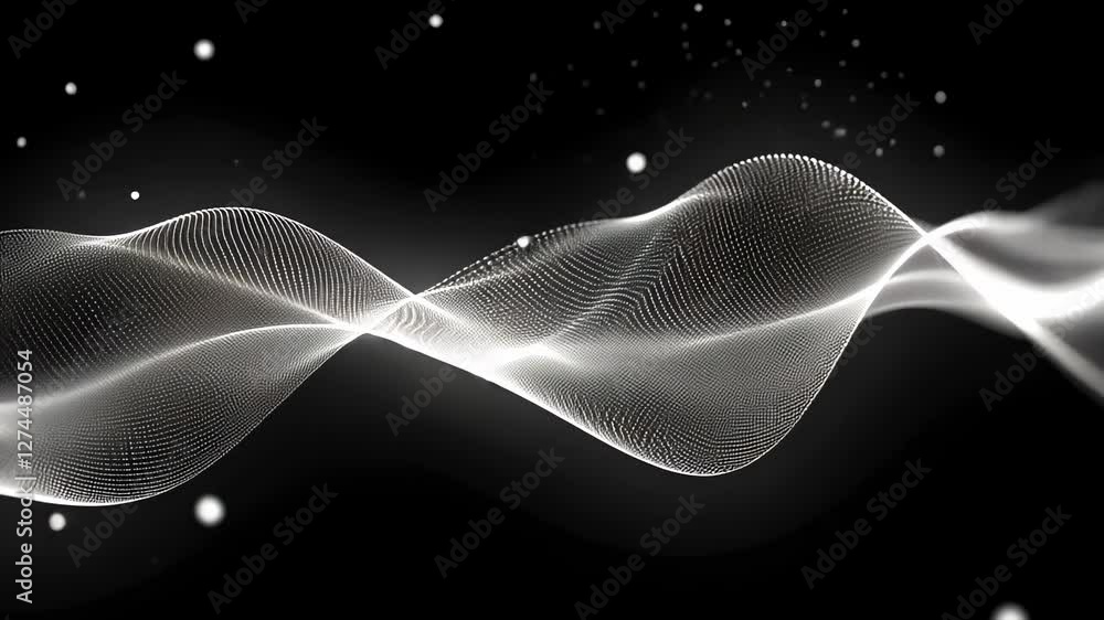 Poster abstract waveform: digital art of a glowing white particle wave