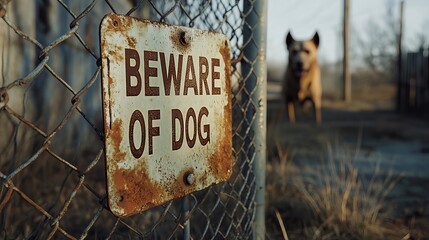 A rustic 'Beware of Dog' sign hangs on a weathered fence, with a brown dog appearing in the background, creating a sense of caution and intrigue.