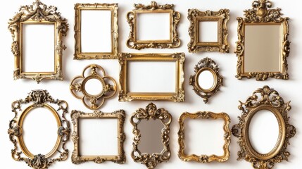 Elegant collection of ornate gold frames, each with unique details, displayed on a clean white background