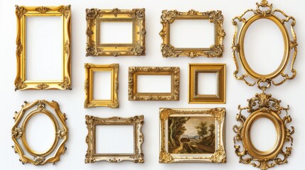 Elegant collection of ornate gold frames, each with unique details, displayed on a clean white background