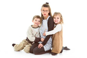 picture of brother and sister casual clothes posing emotions studio isolated background