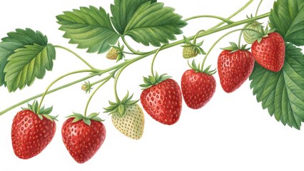 Watercolor Strawberry Vine Composition Botanical Illustration of Ripe Red Berries and Green Leaves, Strawberry Plant, Fruit illustration Strawberry, Botanical art