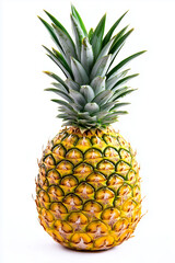 Fototapeta premium Ripe pineapple isolated on a white background, showcasing golden-yellow skin, sharp green leaves, and distinctive textured exterior