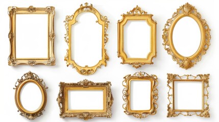 Elegant collection of ornate gold frames, each with unique details, displayed on a clean white background