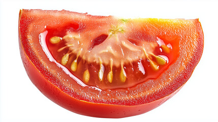 Close up of a Ripe tomato slice showcasing vibrant red flesh, seeds, and juicy pulp reflecting soft illumination isolated on a white background