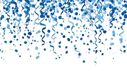 Blue confetti and streamers falling on white background