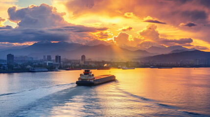 A tugboat at sunset pulls a barge across the river_011