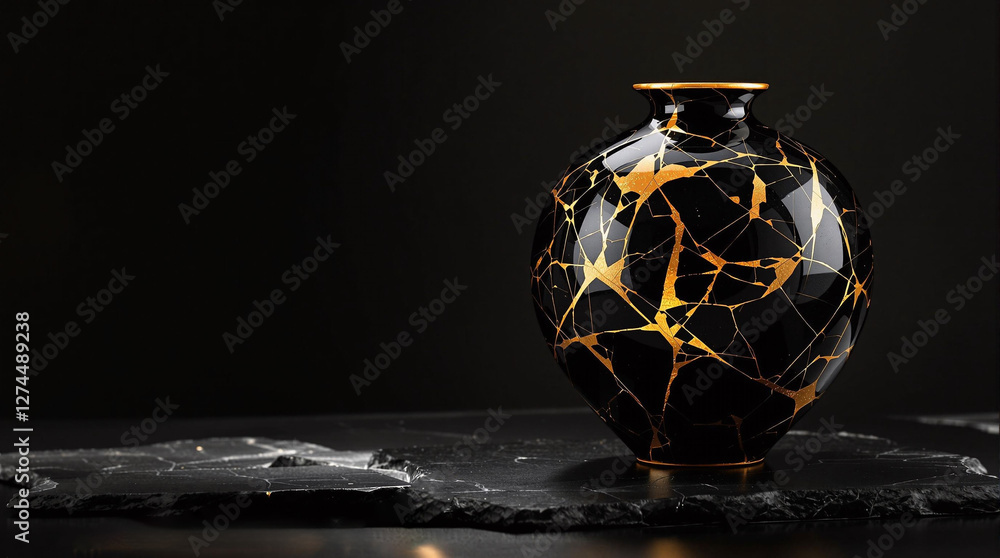 Poster a decorative vase with a black base and golden accents, set against a dark backdrop. the vase is ado