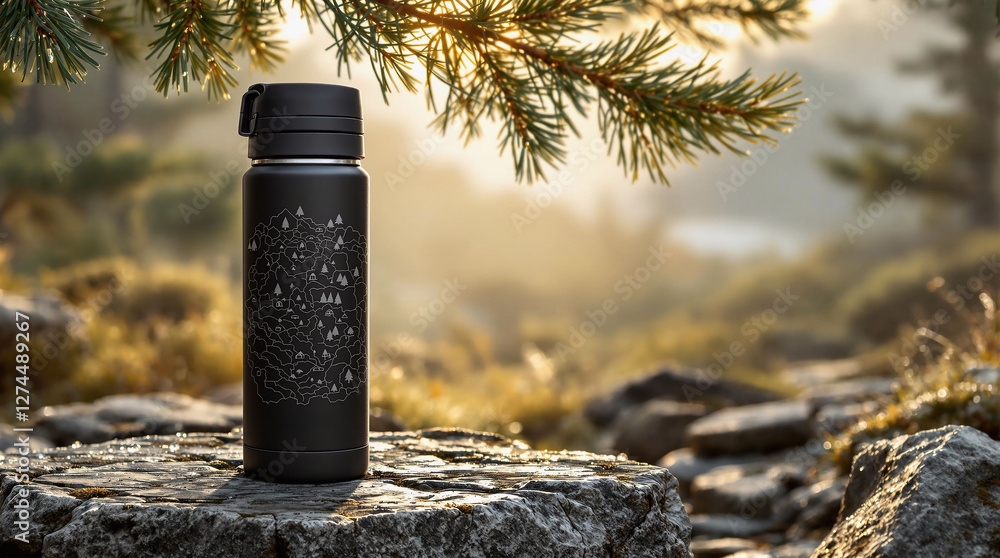 Poster a black water bottle placed on a rock in the foreground, with a blurred background of greenery and t
