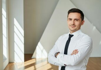 Fototapeta premium Confident businessman standing with arms crossed in a modern office space