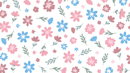 Pastel Floral Seamless Pattern - Cute pink and blue flowers with foliage on a white background
