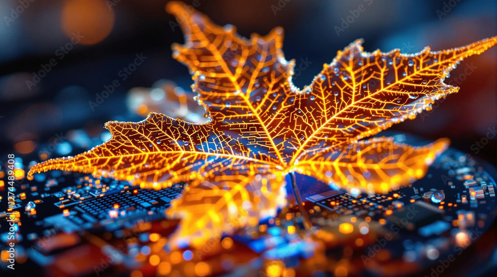 Poster A close-up of a leaf with intricate vein patterns illuminated by a light source, set against a blurred background with a bokeh effect.