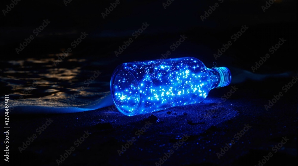 Aufkleber a bottle illuminated by a blue light, lying on a dark surface. the bottle is translucent, allowing t