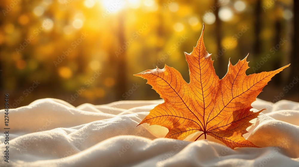Poster a vibrant autumnal scene with a single maple leaf delicately placed on a pristine white cloth, bathe
