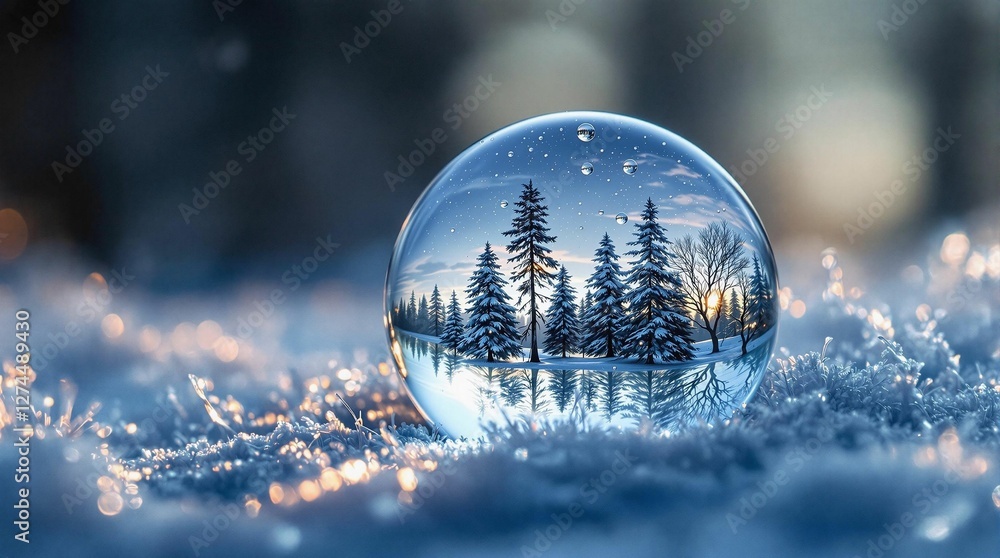 Poster a clear glass sphere on a snowy surface, revealing a tranquil winter scene inside. the background is