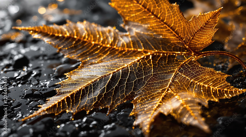 Poster A close-up of a golden-hued maple leaf on a wet ground, with a blurred background that suggests a shallow depth of field. The leaf's intricate details are highlighted by the light, revealing its veins