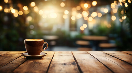 Background with coffee, wooden table on an extremely blurred backdrop, used for display or editing as a dining background. Banner, board, podium