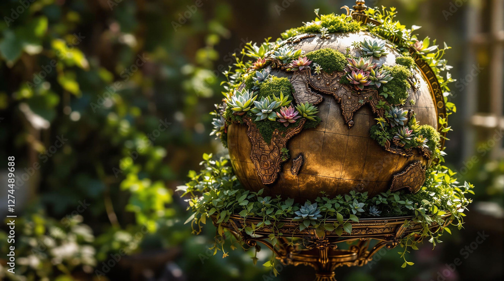 Poster a whimsical, spherical object suspended from a stand, adorned with lush greenery and vibrant flowers