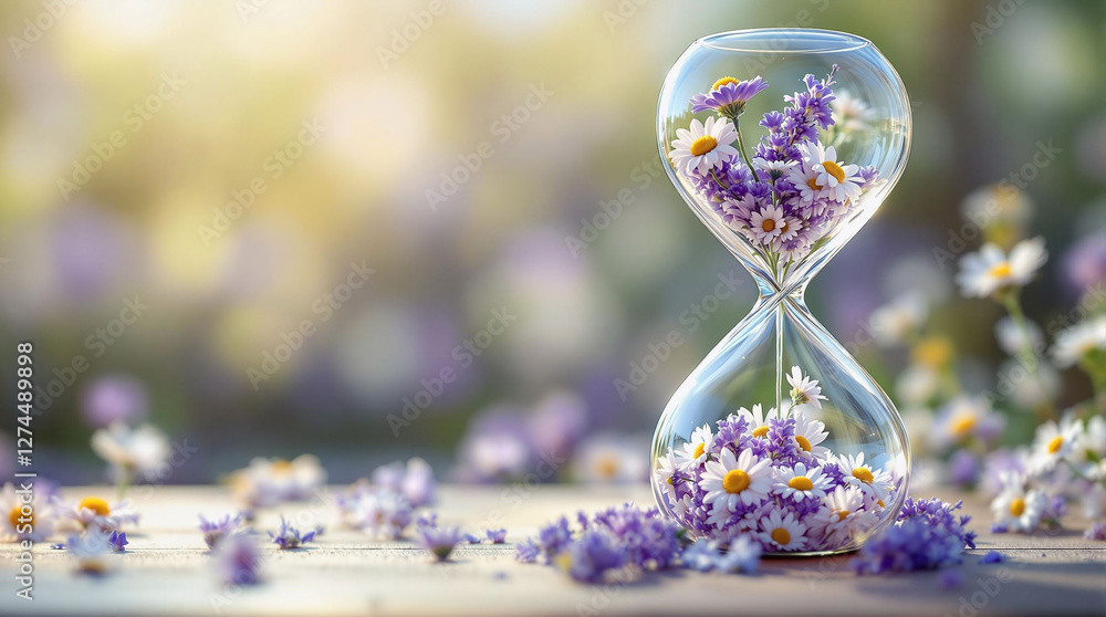 Poster a blurred background with a sand timer filled with flowers, symbolizing the passage of time. the san