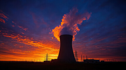 nuclear power plant against vibrant sunset sky