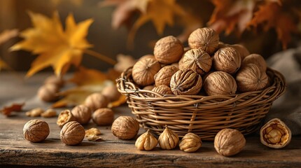 A rustic wooden table adorned with a woven basket filled with walnuts, their brown hue contrasting with the warm, golden-yellow leaves in the background. The scene is set against a soft, blurred backd
