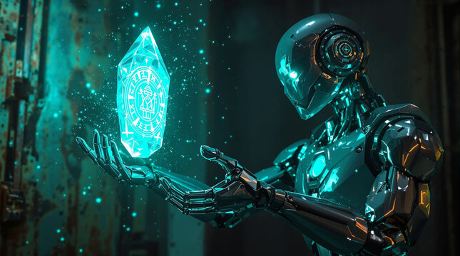 A detailed, high-resolution depiction of a robotic figure, likely a cyborg, holding a glowing, crystalline object in its hand. The robot has a metallic sheen, with a sleek, modern design, and the obje