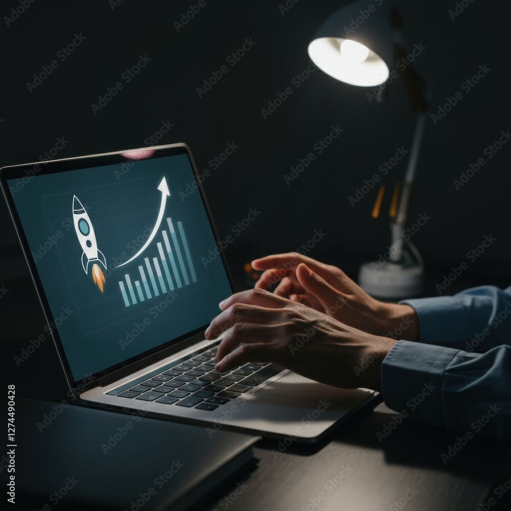 Poster hands typing on a laptop displaying a rocket and growth chart