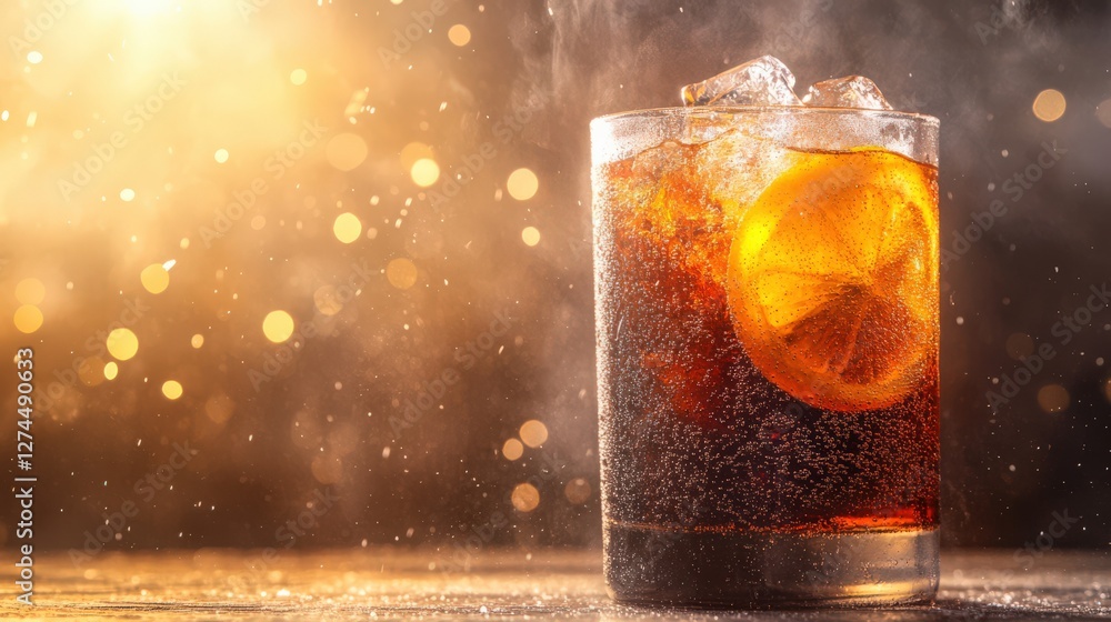 Poster refreshing glass of fizzy drink with ice and orange slice, glowing background with bokeh effect