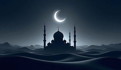 Silhouette de mosquée avec croissant de lune dans un paysage désertique sombre, illustration mystique en lumière nocturne
