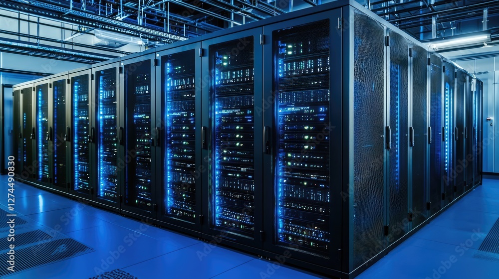 Aufkleber Advanced data center with illuminated server racks and high-tech infrastructure, ensuring secure and efficient operations. Ideal for cloud computing, cybersecurity, and IT solutions