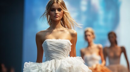 Blonde model runway bridal gown fashion show