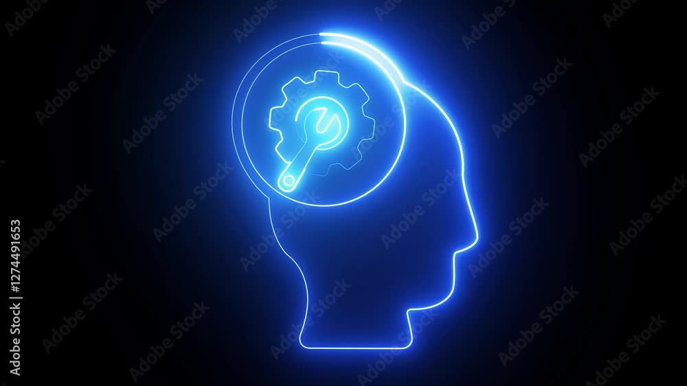 Poster settings icon animation , glowing neon line setting icon with spinning gears icon animated. technolo
