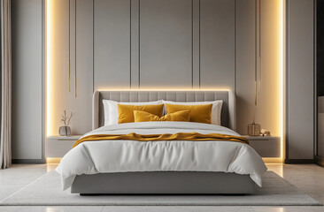 A modern bedroom with an elegant gray headboard, white walls, and yellow accents for warmth. The bed is adorned with soft beige bedding and gray pillows, creating a serene atmosphere.