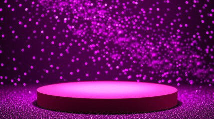 Obraz premium A vibrant purple stage scene with floating lights and a circular platform.
