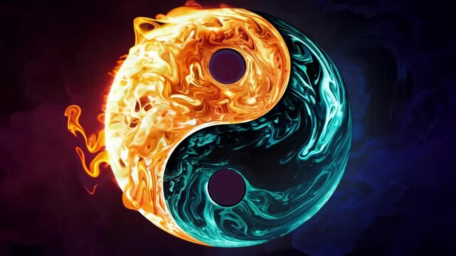 The visual showcases a captivating interaction between fiery orange and cool blue elements, symbolizing harmony and contrast. The swirling patterns create an enchanting visual experience.