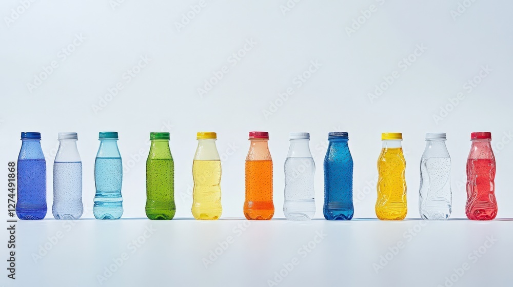 Aufkleber a colorful display of various bottled beverages arranged in a row against a minimalist backdrop