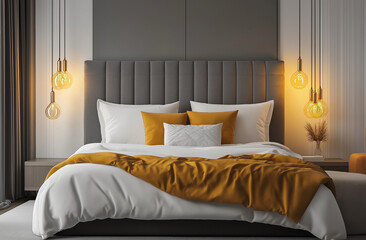 A modern bedroom with an elegant gray headboard, white walls, and yellow accents for warmth. The bed is adorned with soft beige bedding and gray pillows, creating a serene atmosphere.
